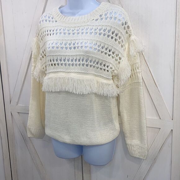 REVOLVE J.O.A. White Fringe Crewneck Long Sleeve Sweater Size Small - Picture 6 of 13